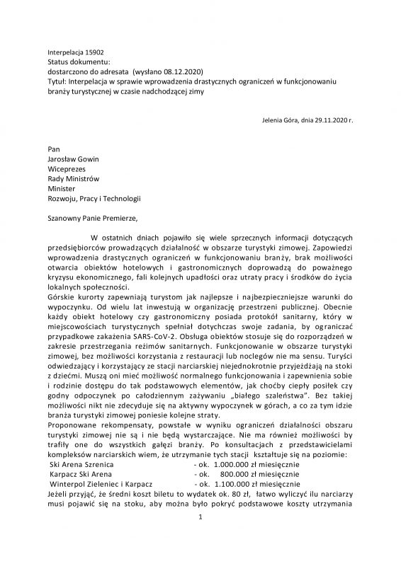 Interpelacja w sprawie wprowadzenia drastycznych ograniczeń w funkcjonowaniu branży turystycznej w czasie nadchodzącej zimy oraz odpowiedź Sekretarza Stanu  Andrzeja Gut – Mostowego