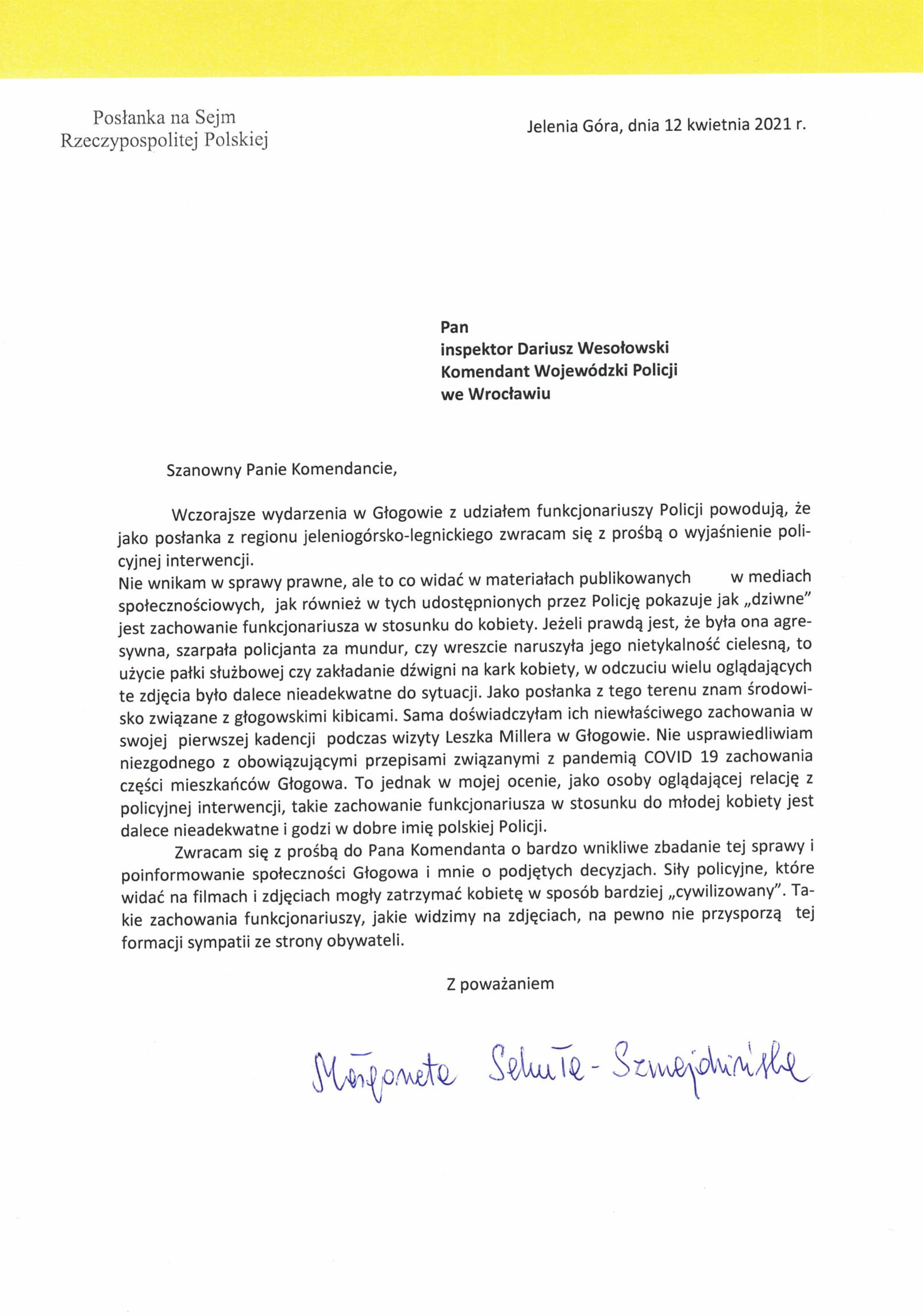 Interwencja poselska w sprawie incydentu z dnia 11 kwietnia w Głogowie