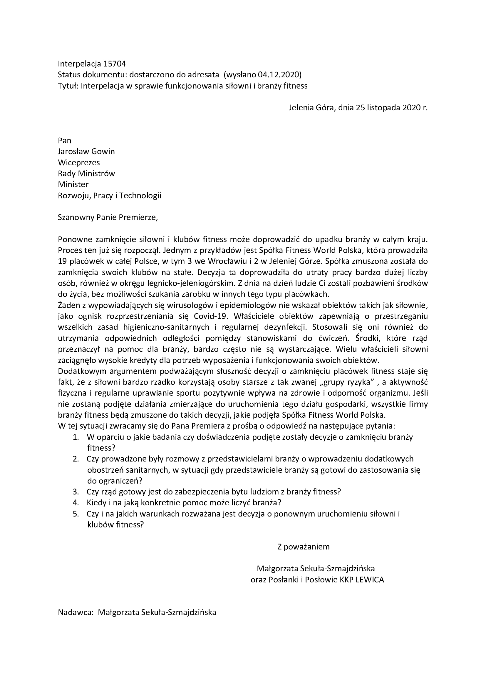 Interpelacja w sprawie funkcjonowania siłowni i branży fitness oraz odpowiedź Podsekretarza Stanu Pana Marka Niedużaka