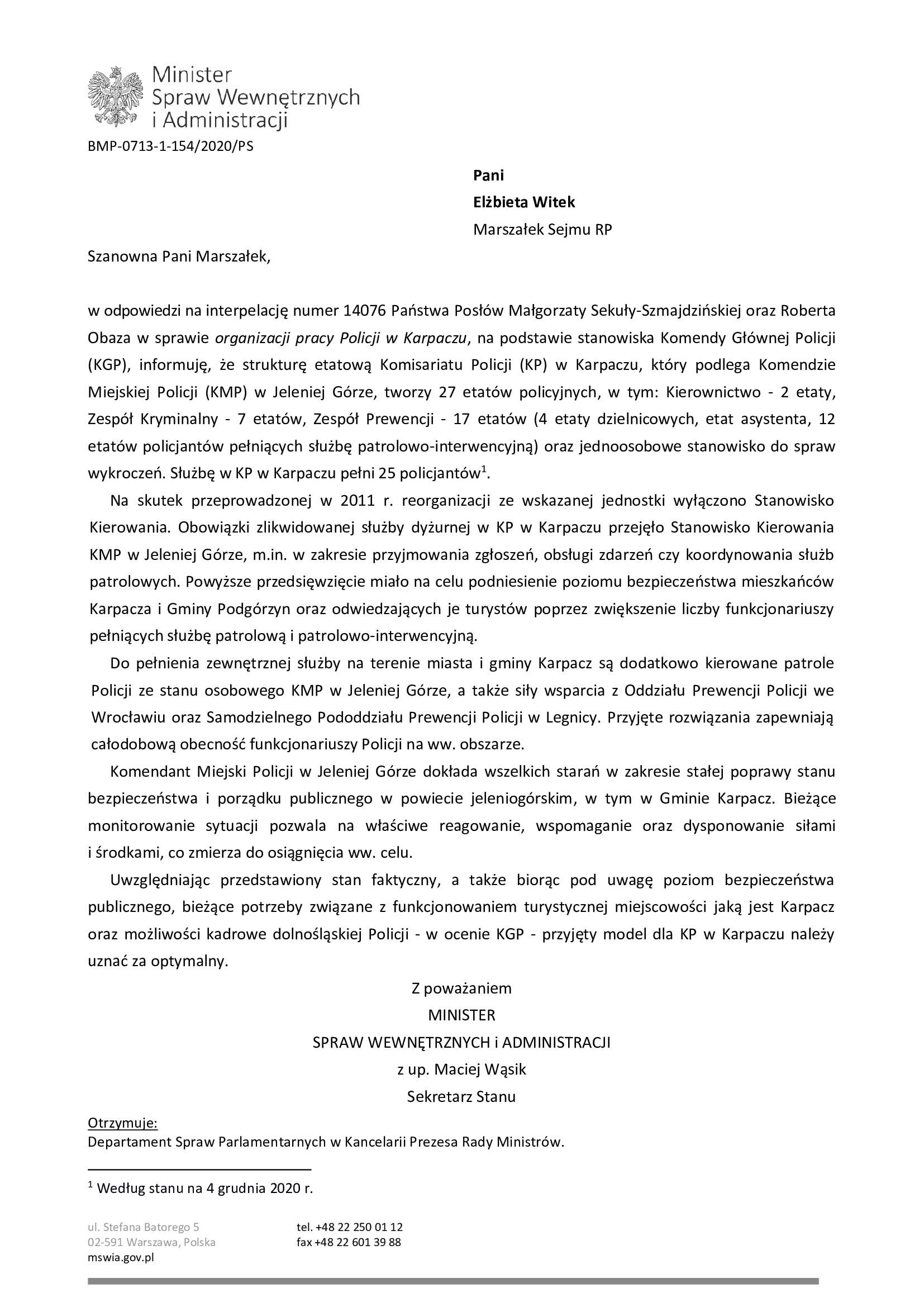 Odpowiedzi na interpelację w sprawie organizacji pracy Policji w Karpaczu